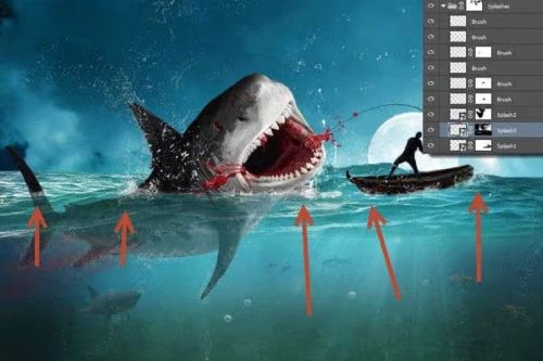 آموزش طراحی صحنه شکار کوسه در فتوشاپ